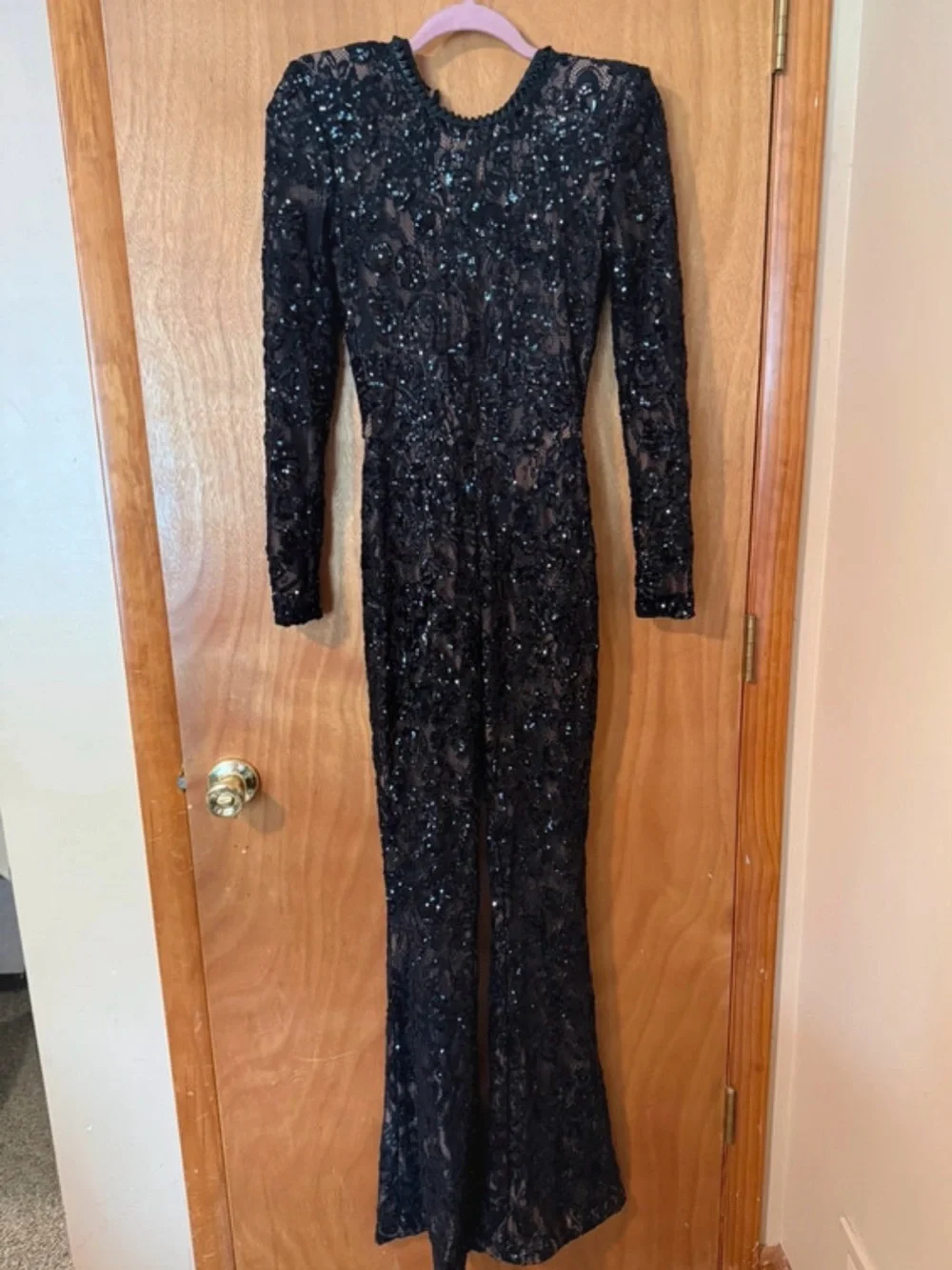 NADINE MERABI Black Sequin Lace Long-Sleeve Fitted Jumpsuit